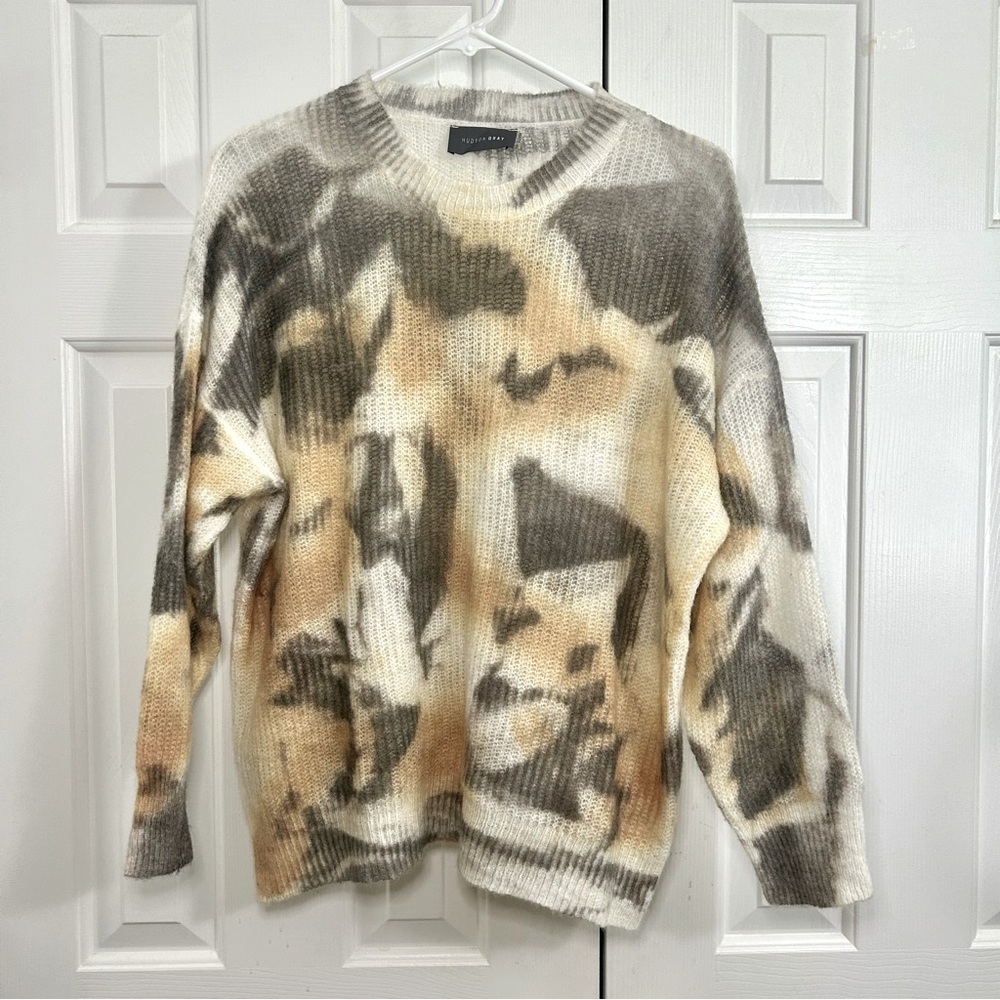 Hudson Gray Neutral Camo Crew Neck Wool & Mohair Blend Long Sleeve Sweater Sz M